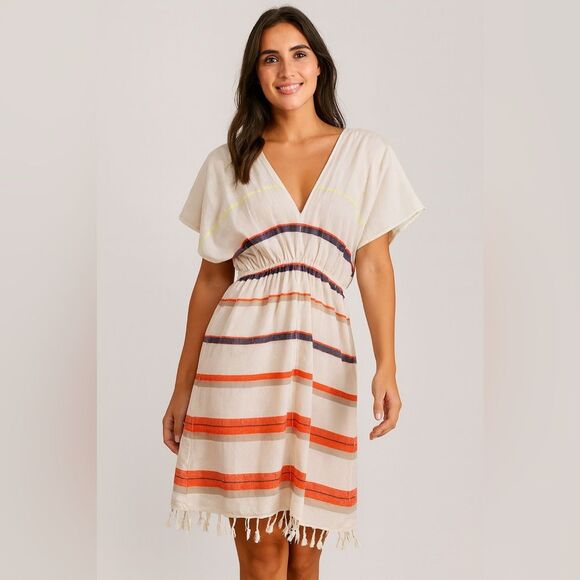 Lemlem V neck White and Multicolor Striped Swim Coverup - Picture 1 of 10